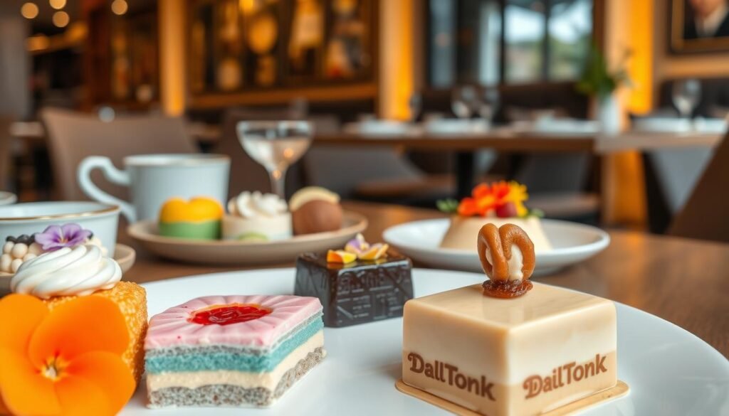 A beautifully arranged dessert plate featuring popular Indonesian TikTok desserts, such as colorful Kue Cubir and creamy Dalgona coffee-flavored desserts. In the foreground, focus on the vibrant textures and intricate designs of these sweets, garnished with fresh fruits and edible flowers. In the middle ground, include a stylish dessert table adorned with delicate plates, utensils, and a soft cloth, creating a warm and inviting atmosphere. The background should showcase a cozy café setting with soft, ambient lighting that highlights the desserts as the focal point. Use a wide-angle lens to capture the scene, emphasizing depth and warmth, evoking a trendy yet homely vibe perfect for social media. A beautifully arranged dessert plate featuring popular Indonesian TikTok desserts, such as colorful Kue Cubir and creamy Dalgona coffee-flavored desserts. In the foreground, focus on the vibrant textures and intricate designs of these sweets, garnished with fresh fruits and edible flowers. In the middle ground, include a stylish dessert table adorned with delicate plates, utensils, and a soft cloth, creating a warm and inviting atmosphere. The background should showcase a cozy café setting with soft, ambient lighting that highlights the desserts as the focal point. Use a wide-angle lens to capture the scene, emphasizing depth and warmth, evoking a trendy yet homely vibe perfect for social media.