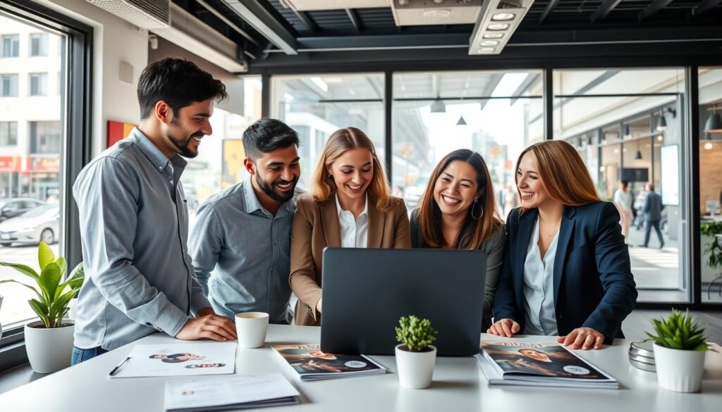 A bright and inviting workspace showcasing the benefits of a small franchise business. In the foreground, a diverse group of three professionals—two men and one woman—are engaged in a discussion over a laptop, demonstrating collaboration and innovation. They are dressed in smart casual attire. The middle ground features an organized desk with franchise brochures, a small coffee cup, and a plant, emphasizing the comfortable yet professional environment. In the background, a large window reveals a bustling street filled with potential customers, hinting at growth opportunities. Bright, natural light floods the scene, creating an optimistic and motivational atmosphere. The camera angle is slightly elevated, capturing the teamwork and excitement in the air, perfect for illustrating the advantages of low-cost franchise businesses. A bright and inviting workspace showcasing the benefits of a small franchise business. In the foreground, a diverse group of three professionals—two men and one woman—are engaged in a discussion over a laptop, demonstrating collaboration and innovation. They are dressed in smart casual attire. The middle ground features an organized desk with franchise brochures, a small coffee cup, and a plant, emphasizing the comfortable yet professional environment. In the background, a large window reveals a bustling street filled with potential customers, hinting at growth opportunities. Bright, natural light floods the scene, creating an optimistic and motivational atmosphere. The camera angle is slightly elevated, capturing the teamwork and excitement in the air, perfect for illustrating the advantages of low-cost franchise businesses.