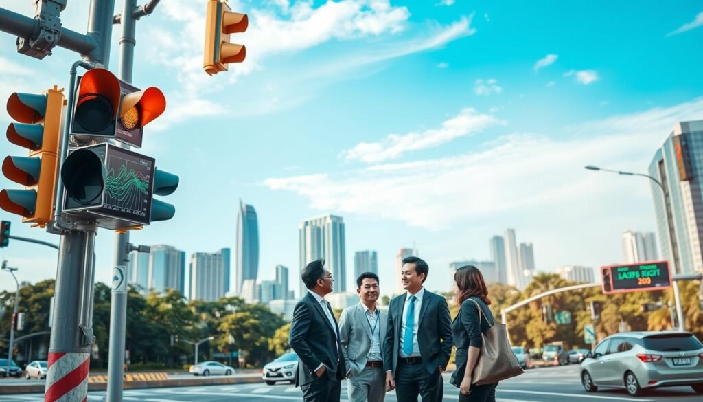 A bustling urban scene in DKI Jakarta showcasing the implementation of an Intelligent Traffic Control System (ITCS). In the foreground, a vibrant traffic intersection with modern traffic lights equipped with sensors, displaying real-time traffic data. In the middle ground, a diverse group of professionals in business attire discussing traffic flow strategies beside a digital monitor that illustrates traffic patterns. The background features a skyline of Jakarta with skyscrapers under a clear blue sky. Soft, natural lighting highlights the subjects, creating a professional and optimistic atmosphere. The image captures the essence of innovation in urban traffic management, emphasizing efficiency and technology integration.