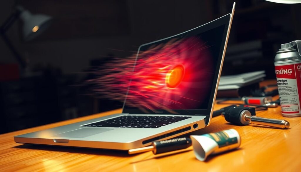 A close-up view of a laptop on a wooden desk, showcasing signs of overheating with visible heat shimmer rising from it. The laptop's fan is depicted as vibrating intensely, with a blurred motion effect to illustrate the noise and activity. Surrounding the laptop, scattered tools like a can of compressed air and thermal paste signal maintenance efforts. The background features a dimly lit, cluttered workspace, reinforcing a sense of urgency and chaos. Soft, diffuse lighting from a desk lamp casts shadows, creating a moody atmosphere. The image captures a professional, yet slightly chaotic environment, focusing on the common issues of laptop overheating and noise. A close-up view of a laptop on a wooden desk, showcasing signs of overheating with visible heat shimmer rising from it. The laptop's fan is depicted as vibrating intensely, with a blurred motion effect to illustrate the noise and activity. Surrounding the laptop, scattered tools like a can of compressed air and thermal paste signal maintenance efforts. The background features a dimly lit, cluttered workspace, reinforcing a sense of urgency and chaos. Soft, diffuse lighting from a desk lamp casts shadows, creating a moody atmosphere. The image captures a professional, yet slightly chaotic environment, focusing on the common issues of laptop overheating and noise.