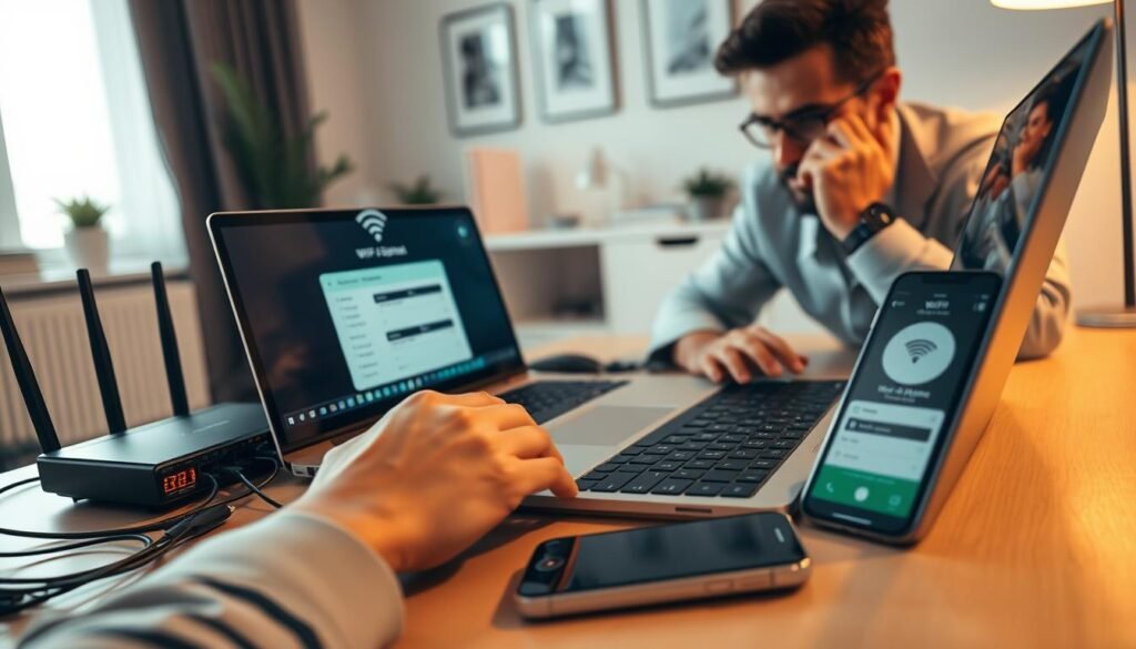 A close-up view of a person troubleshooting a WiFi connection issue, sitting at a modern desk with a laptop open, showing a WiFi signal icon on the screen. In the foreground, focus on their hands as they adjust network settings and check connections on the laptop. The middle ground features a router with indicator lights, cables neatly organized, and a smartphone displaying a connectivity app. The background includes a softly lit home office environment with minimalistic decorations, creating a calm and professional atmosphere. The lighting is warm and inviting, with natural light coming from a nearby window, highlighting the person's focused expression. The scene embodies a sense of determination and problem-solving.