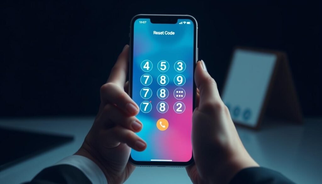 A close-up view of a smartphone screen displaying a numeric keypad with the dial code for resetting an Android device prominently featured. The screen is illuminated, reflecting a futuristic interface with vibrant colors against a dark background. In the foreground, a pair of hands in professional business attire gently hold the phone, showcasing a focused expression on the person's face, wearing modest casual clothing. The middle ground features a softly blurred desk, creating a professional workspace atmosphere with subtle lighting that highlights the phone and the dial code. The overall mood is tech-savvy and informational, emphasizing a clean and organized approach to Android troubleshooting.