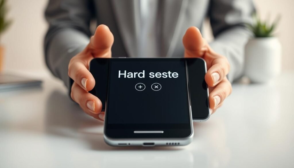 A close-up view of an Android smartphone displaying the hard reset button combination on the screen, with a sleek, modern design. The foreground features the phone's screen illuminated, showing distinct buttons and icons, clearly labeled for a hard reset process. In the middle, a pair of hands gently holds the smartphone, emphasizing the user-friendly aspect of the reset procedure. The background features a soft-focus, minimalist workspace with neutral colors to create a professional atmosphere. Soft, diffused lighting enhances the clarity of the device while giving a warm, inviting feel. The overall mood is focused and informative, ideal for illustrating a tutorial on performing a hard reset on Android devices.