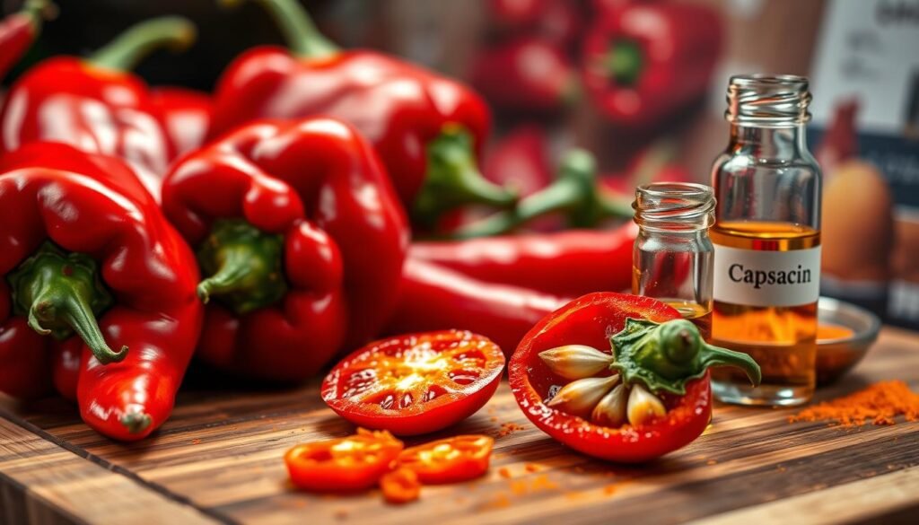 A close-up view of vibrant red chili peppers, showcasing their glistening skin and intricate details, symbolizing the intense spiciness of capsaicin. In the foreground, a cutting board with a freshly sliced pepper, revealing its seeds and inner structure, emphasizes the science behind heat. The middle ground features a small glass vial labeled ‘Capsaicin’, capturing the viewer's attention with its bright liquid and scientific aura. In the background, subtle blurred images of peppers in various forms, such as powder and sauces, create depth. The lighting is warm and dramatic, with highlights accentuating the glossy texture of the peppers, evoking a sense of excitement and intrigue about the science of spiciness. The atmosphere is dynamic and educational, emphasizing the beauty and complexity of capsaicin.