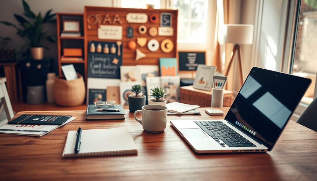 A cozy workspace setup featuring small business ideas with a focus on low-cost side hustles. In the foreground, a wooden desk displays a laptop, notepad, and a cup of coffee, symbolizing productivity and creativity. In the middle ground, various business items are arranged, such as handmade crafts, a small plant, and marketing materials, showcasing different entrepreneurial ventures. The background shows a bright, airy room with a window allowing natural light to flood in, enhancing the inviting atmosphere. The scene conveys a sense of opportunity and motivation, perfect for aspiring entrepreneurs looking to explore flexible and profitable side jobs. The lighting is warm and soft, creating a welcoming and inspiring mood.