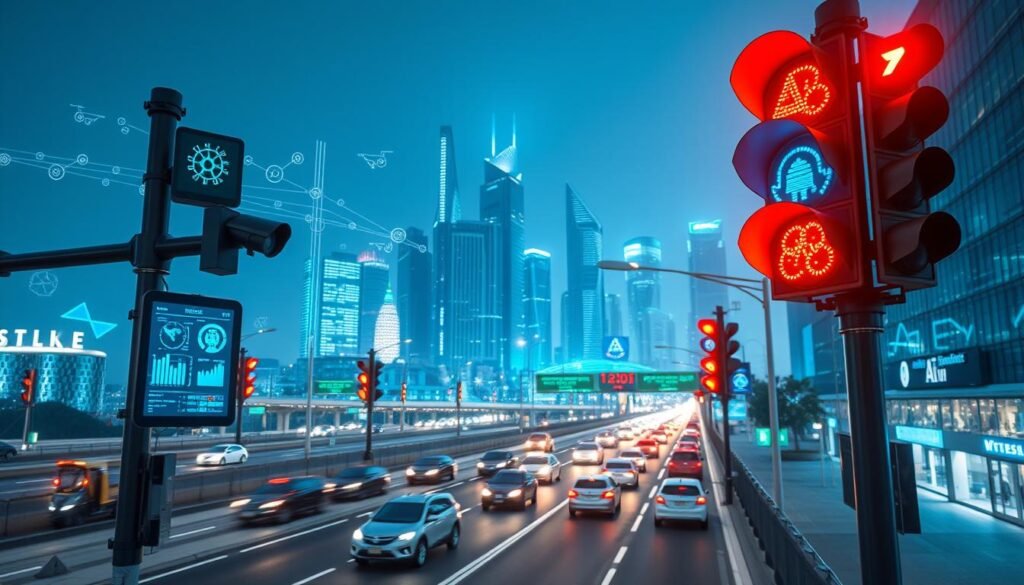 A cutting-edge traffic management system powered by AI, depicted in a futuristic urban environment. In the foreground, advanced traffic lights with LED screens display real-time data and analytics. The middle ground features a network of smart traffic cameras and sensors, seamlessly integrated into the streets and vehicles. The background showcases a skyline of modern skyscrapers, illuminated by soft blue and green lighting, creating a high-tech atmosphere. The scene is viewed from a slightly elevated angle, emphasizing the complexity of the traffic network. The mood is vibrant and innovative, reflecting the efficiency of AI in managing urban traffic flow.