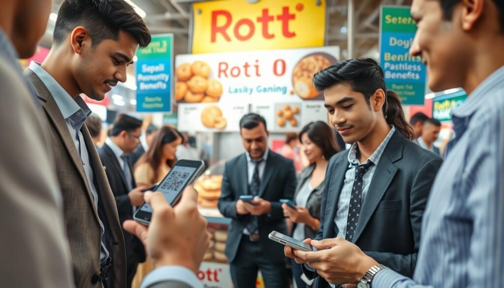 A modern cashless payment system scene in a vibrant food market, featuring a diverse group of people, dressed in professional business attire and casual clothing, engaging with digital payment methods. In the foreground, show a close-up of a smartphone displaying a payment app as a young person scans a QR code on a food vendor's sign. In the middle, include a food stall adorned with enticing baked goods, emphasizing the popular "Roti O" products. In the background, depict a variety of shoppers using digital wallets, with colorful banners illustrating cashless payment benefits. Use bright, natural lighting to create an inviting atmosphere, captured with a slight wide-angle lens perspective to enhance depth and engagement in the bustling market environment.