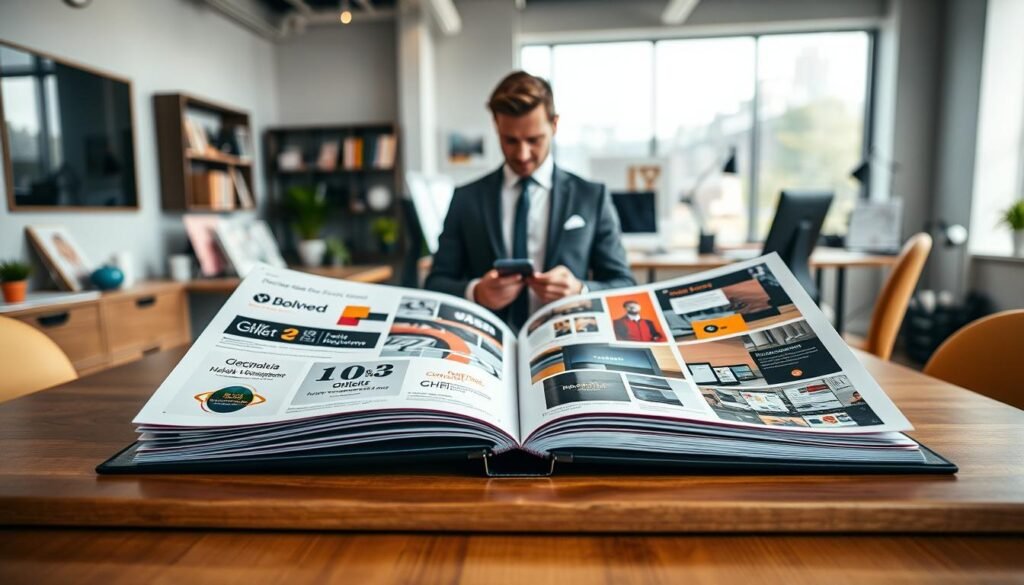 A modern, elegantly presented graphic design portfolio displayed on a sleek wooden table in a professional workspace. The foreground features an open portfolio with high-quality prints showcasing various design projects, such as logos, brochures, and web layouts, all meticulously arranged. In the middle, a well-dressed designer can be seen examining the portfolio, dressed in smart business attire, to convey professionalism and creativity. The background consists of a stylish office with bright lighting coming from a large window, highlighting the designer’s workspace, complete with design tools and inspiration boards. The mood is vibrant and inviting, emphasizing innovation and quality in graphic design. The camera angle is slightly above the table, focusing on the portfolio while capturing the designer's engaged expression.