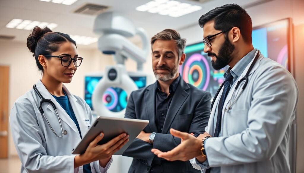 A modern healthcare environment showcasing a diverse group of professionals collaborating on medical diagnosis using AI technology. In the foreground, a focused female doctor in professional attire analyzes data on a sleek tablet, while a male physician, also in business attire, discusses findings with a thoughtful expression. In the middle, high-tech diagnostic equipment and large screens display colorful data visualizations, showcasing AI-assisted medical analysis. The background features a bright, well-lit hospital room with subtle blurred elements, giving a sense of an advanced medical facility. Soft, natural lighting enhances a productive and optimistic atmosphere, highlighting the integration of AI in improving diagnostic accuracy. Use a slight tilt-angle perspective to add depth and dynamism to the composition.