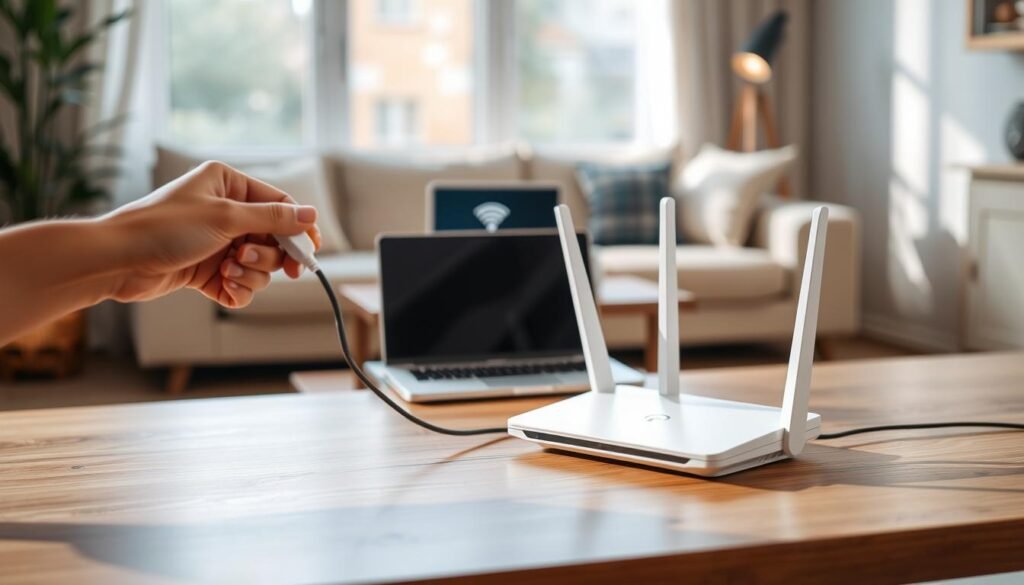 A modern home office scene featuring a sleek, minimalistic router on a polished wooden desk. The foreground shows a pair of hands reaching to unplug the router’s power cable, demonstrating the action of restarting it. In the middle, there’s a laptop with a WiFi signal indicator showing disconnection, hinting at the problem being addressed. The background includes a cozy living space with soft, natural lighting filtering through a large window, creating a calm atmosphere. Use a slightly blurred depth of field to emphasize the foreground action, while the room remains inviting. The overall mood should convey simplicity and tranquility, focusing on the practical solution of troubleshooting WiFi connectivity issues.