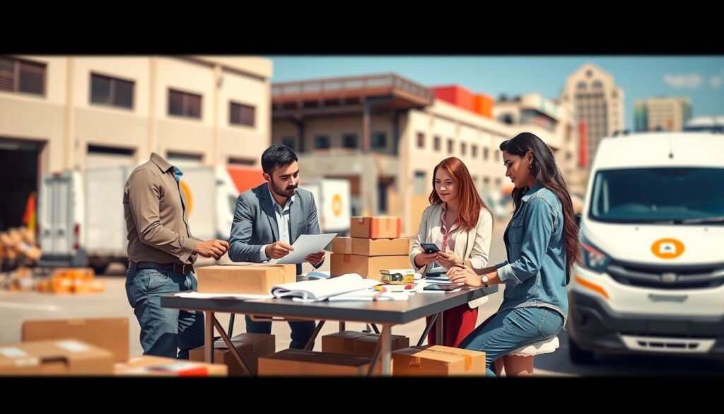 A modern logistics franchise scene showcasing small business opportunities. In the foreground, a diverse group of three professionals—one man and two women—are discussing strategies around a table cluttered with logistics plans, boxes, and digital devices. They are dressed in business casual attire, embodying a collaborative spirit. The middle ground features a sleek delivery van with the logo of a logistics franchise parked nearby, indicating service and mobility. In the background, a bustling urban environment with warehouses and a clear blue sky suggests an active business district. The lighting is bright and natural, creating an optimistic, vibrant atmosphere. A slight tilt-shift lens effect adds depth to the scene, emphasizing the interaction and the importance of logistics in small businesses. A modern logistics franchise scene showcasing small business opportunities. In the foreground, a diverse group of three professionals—one man and two women—are discussing strategies around a table cluttered with logistics plans, boxes, and digital devices. They are dressed in business casual attire, embodying a collaborative spirit. The middle ground features a sleek delivery van with the logo of a logistics franchise parked nearby, indicating service and mobility. In the background, a bustling urban environment with warehouses and a clear blue sky suggests an active business district. The lighting is bright and natural, creating an optimistic, vibrant atmosphere. A slight tilt-shift lens effect adds depth to the scene, emphasizing the interaction and the importance of logistics in small businesses.