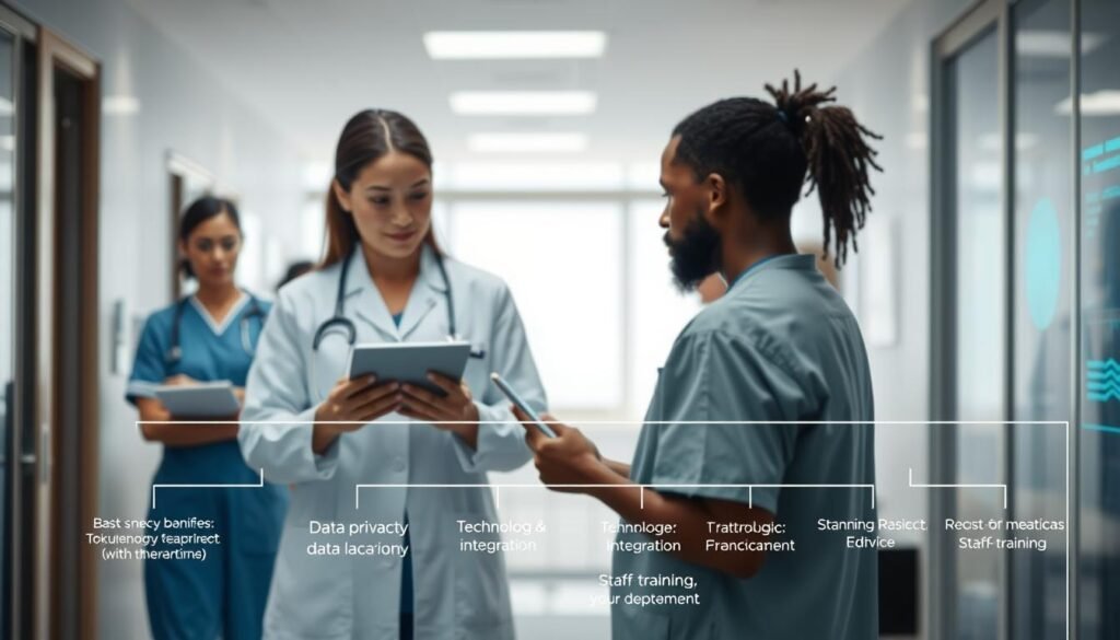 A modern medical office environment as the backdrop, showcasing a diverse group of healthcare professionals, including a female doctor examining data on a tablet and a male nurse reviewing a digital diagnostic screen. In the foreground, a flowchart illustrating the challenges of implementing AI in medical diagnosis, with visual representations of obstacles like data privacy, technology integration, and staff training. Soft, natural lighting enhances the professionalism of the scene, with a focus on clean lines and sleek design. The mood is one of innovation and determination, highlighting the complexities of merging traditional healthcare with advanced AI technologies. Use a slightly elevated angle for depth, with a blurred background to ensure the main subjects remain the focal point.