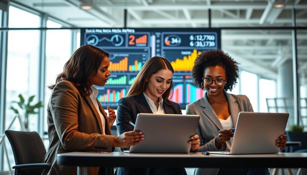 A modern office space showcasing a digital marketing campaign success measurement. In the foreground, a diverse group of three professionals, dressed in business attire, are intently reviewing analytics on laptops and tablets, with graphs and charts visible on their screens. The middle ground features a large digital display showing colorful graphs, social media metrics, and campaign statistics, illustrating success and engagement. The background consists of an office environment with large windows, allowing natural light to flood in, creating a bright and energetic atmosphere. The lighting is warm and inviting, emphasizing a collaborative team spirit. A sense of focus and determination permeates the scene, capturing the essence of digital marketing success measurement. A modern office space showcasing a digital marketing campaign success measurement. In the foreground, a diverse group of three professionals, dressed in business attire, are intently reviewing analytics on laptops and tablets, with graphs and charts visible on their screens. The middle ground features a large digital display showing colorful graphs, social media metrics, and campaign statistics, illustrating success and engagement. The background consists of an office environment with large windows, allowing natural light to flood in, creating a bright and energetic atmosphere. The lighting is warm and inviting, emphasizing a collaborative team spirit. A sense of focus and determination permeates the scene, capturing the essence of digital marketing success measurement.