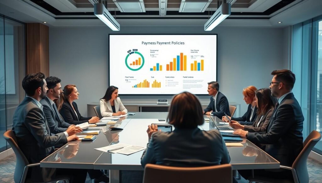 A professional business meeting room set up to discuss payment policies, specifically focusing on "Roti O." In the foreground, a diverse group of individuals in formal attire are engaged in a discussion around a sleek conference table filled with documents and digital devices, illustrating the concept of cashless payment options. The middle ground showcases a large screen displaying graphs and statistics related to consumer choices in payment methods. In the background, the room features modern decor, soft lighting emanating from elegant fixtures, and large windows allowing natural light to filter in, creating a bright and open atmosphere. The scene conveys a sense of collaboration and professionalism, highlighting the importance of transparent communication regarding payment options in the retail industry.