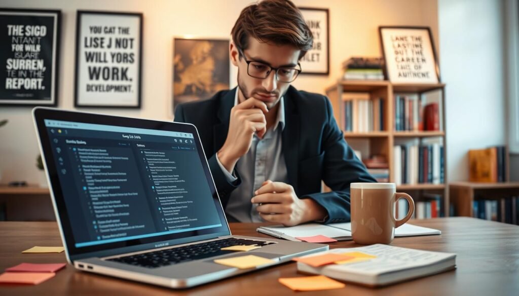 A professional individual in a business-friendly environment is reviewing job listings on a laptop, surrounded by colorful sticky notes and a notepad filled with criteria for selecting a side job. In the foreground, the focus is on the laptop screen showing a list of potential side jobs. The middle layer features a young adult wearing smart casual attire, deep in thought, with a cup of coffee beside them, highlighting a blend of professionalism and comfort. The background includes soft, warm lighting that creates a cozy yet productive atmosphere, with framed motivational quotes on the walls and a bookshelf filled with career development books. The overall mood is inspiring and focused, embodying the quest for flexible and rewarding work opportunities.