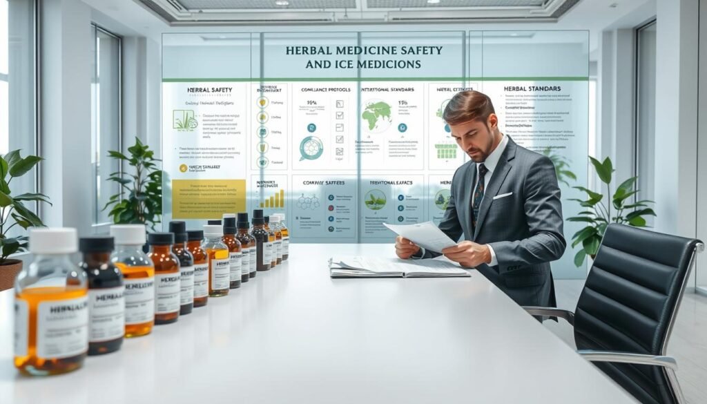 A professional setting illustrates the theme of "Herbal Medicine Safety and Regulation." In the foreground, a sleek, modern desk is adorned with various herbal medicine bottles, clearly labeled with safety standards. On the desk, a researcher in business attire examines documents about herbal regulations, their face determined and focused. In the middle ground, there’s a large, transparent board displaying infographics about herbal safety, compliance protocols, and international standards, highlighting the scientific approach to traditional medicine. The background features a bright, spacious office with soft natural light coming through large windows, creating an atmosphere of innovation and diligence. The image conveys a mood of professionalism, attention to detail, and a commitment to ensuring safety in herbal medicine. A professional setting illustrates the theme of "Herbal Medicine Safety and Regulation." In the foreground, a sleek, modern desk is adorned with various herbal medicine bottles, clearly labeled with safety standards. On the desk, a researcher in business attire examines documents about herbal regulations, their face determined and focused. In the middle ground, there’s a large, transparent board displaying infographics about herbal safety, compliance protocols, and international standards, highlighting the scientific approach to traditional medicine. The background features a bright, spacious office with soft natural light coming through large windows, creating an atmosphere of innovation and diligence. The image conveys a mood of professionalism, attention to detail, and a commitment to ensuring safety in herbal medicine.