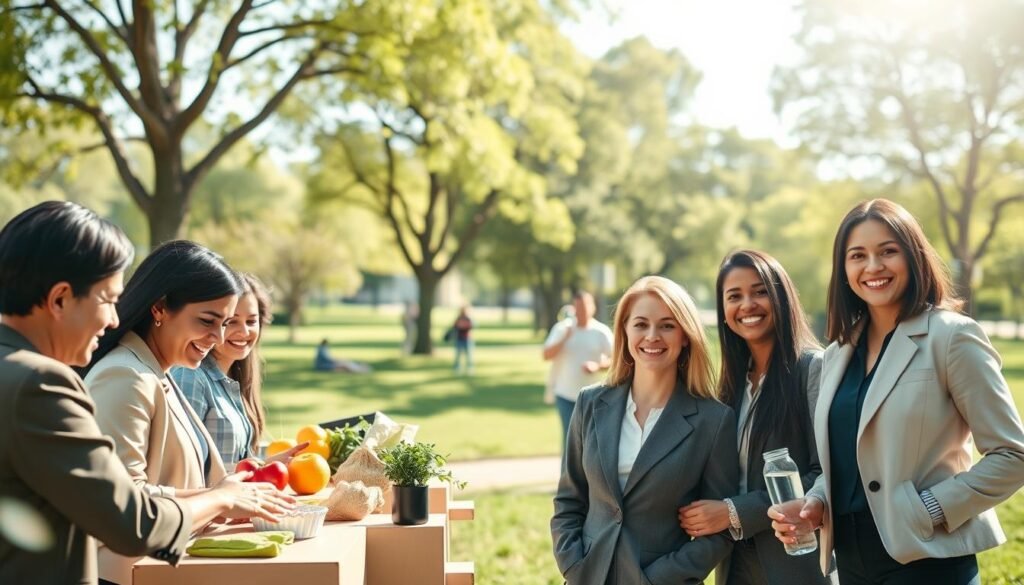A serene health-focused scene depicting practical steps for disease prevention. In the foreground, a diverse group of individuals dressed in professional business attire, engaging in activities like washing hands, discussing healthy meal plans, and exercising together in a park. In the middle ground, visible elements include fresh fruits, vegetables, and clean water accessible, symbolizing healthy lifestyle choices. The background showcases a bright, clear sky with soft sunlight filtering through trees, creating an uplifting and hopeful atmosphere. The scene is framed with a slight upward angle, emphasizing the positivity of proactive health measures. Soft, natural lighting highlights the friendly expressions of the individuals, promoting community and teamwork in health prevention efforts. A serene health-focused scene depicting practical steps for disease prevention. In the foreground, a diverse group of individuals dressed in professional business attire, engaging in activities like washing hands, discussing healthy meal plans, and exercising together in a park. In the middle ground, visible elements include fresh fruits, vegetables, and clean water accessible, symbolizing healthy lifestyle choices. The background showcases a bright, clear sky with soft sunlight filtering through trees, creating an uplifting and hopeful atmosphere. The scene is framed with a slight upward angle, emphasizing the positivity of proactive health measures. Soft, natural lighting highlights the friendly expressions of the individuals, promoting community and teamwork in health prevention efforts.