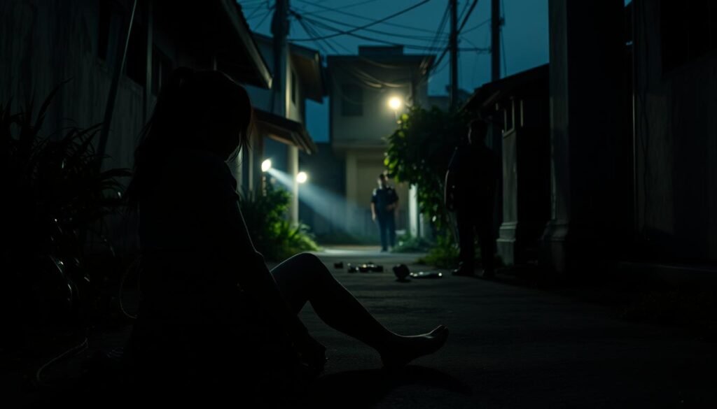 A somber scene depicting a crime investigation in the dim light of a dusk-lit alley in Cisauk, Indonesia. In the foreground, a silhouette of a female figure in modest casual clothing, bound with ropes, sits on the ground, showcasing a sense of vulnerability and tension. The middle ground features police officers in professional attire, focused intently on gathering evidence, with flashlights illuminating scattered items on the ground. The background captures the outlines of old buildings and overgrown vegetation, creating an eerie atmosphere. The scene is framed narrowly, emphasizing the gravity of the investigation, with shadows enhancing the mood of suspense and urgency. A soft, diffused light casts a melancholic glow, highlighting the stark reality of the situation. A somber scene depicting a crime investigation in the dim light of a dusk-lit alley in Cisauk, Indonesia. In the foreground, a silhouette of a female figure in modest casual clothing, bound with ropes, sits on the ground, showcasing a sense of vulnerability and tension. The middle ground features police officers in professional attire, focused intently on gathering evidence, with flashlights illuminating scattered items on the ground. The background captures the outlines of old buildings and overgrown vegetation, creating an eerie atmosphere. The scene is framed narrowly, emphasizing the gravity of the investigation, with shadows enhancing the mood of suspense and urgency. A soft, diffused light casts a melancholic glow, highlighting the stark reality of the situation.
