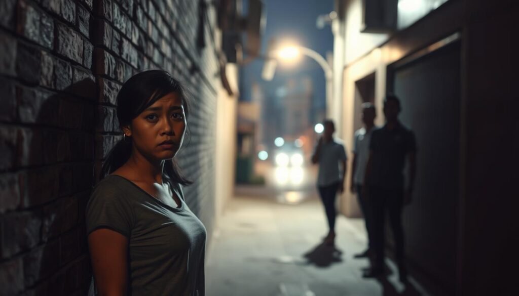 A tense scene set in a dimly lit urban alley in Kendari, Indonesia, emphasizing a sense of foreboding. In the foreground, a young woman in modest casual clothing appears distressed, her expression conveying fear and vulnerability. She is positioned against a brick wall, adding texture to the scene. The middle ground features silhouetted figures representing onlookers, hinting at societal implications without being explicit. A faint streetlight casts shadows, enhancing the dramatic atmosphere, while a blurred cityscape serves as the background, indicating an urban environment. The composition should evoke a serious tone, focusing on the gravity of the situation and the need for awareness. Use a slightly above eye-level angle for a more impactful perspective. A tense scene set in a dimly lit urban alley in Kendari, Indonesia, emphasizing a sense of foreboding. In the foreground, a young woman in modest casual clothing appears distressed, her expression conveying fear and vulnerability. She is positioned against a brick wall, adding texture to the scene. The middle ground features silhouetted figures representing onlookers, hinting at societal implications without being explicit. A faint streetlight casts shadows, enhancing the dramatic atmosphere, while a blurred cityscape serves as the background, indicating an urban environment. The composition should evoke a serious tone, focusing on the gravity of the situation and the need for awareness. Use a slightly above eye-level angle for a more impactful perspective.