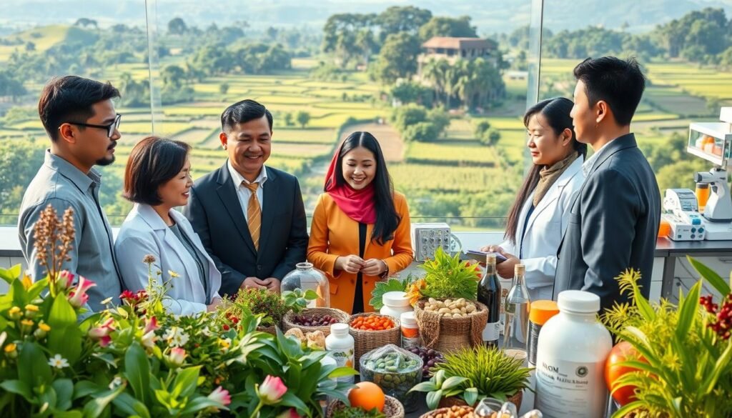 A vibrant and collaborative scene depicting the partnership between the Indonesian herbal medicine industry and BPOM (National Agency of Drug and Food Control). In the foreground, a diverse group of professional individuals, both men and women, in business attire discussing herbal products, surrounded by colorful herbal plants and traditional medicine ingredients. In the middle ground, a modern laboratory equipped with scientific instruments and research materials, symbolizing innovation in herbal medicine. The background features a panoramic view of a lush Indonesian landscape, rich with greenery and traditional herbal gardens. Soft, natural lighting filters through the scene, creating an optimistic and forward-thinking atmosphere, emphasizing commitment to global health and traditional medicine appreciation. Shot from a slightly elevated angle to capture the depth of collaboration and expertise. A vibrant and collaborative scene depicting the partnership between the Indonesian herbal medicine industry and BPOM (National Agency of Drug and Food Control). In the foreground, a diverse group of professional individuals, both men and women, in business attire discussing herbal products, surrounded by colorful herbal plants and traditional medicine ingredients. In the middle ground, a modern laboratory equipped with scientific instruments and research materials, symbolizing innovation in herbal medicine. The background features a panoramic view of a lush Indonesian landscape, rich with greenery and traditional herbal gardens. Soft, natural lighting filters through the scene, creating an optimistic and forward-thinking atmosphere, emphasizing commitment to global health and traditional medicine appreciation. Shot from a slightly elevated angle to capture the depth of collaboration and expertise.