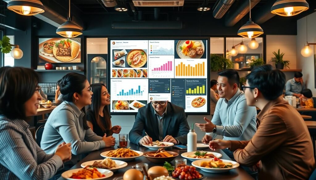 A vibrant and dynamic social media marketing scene focused on the culinary industry. In the foreground, a diverse group of professionals in smart casual attire is engaged in a brainstorming session, surrounded by delicious-looking dishes and colorful food photography showcasing various Indonesian delicacies. In the middle ground, a large screen displays social media analytics and marketing strategies with visually appealing charts. The background features a cozy café with people enjoying meals and interacting, evoking a sense of community and culinary delight. Soft, warm lighting illuminates the scene, creating an inviting atmosphere. The angle captures both the lively engagement of the team and the enticing food present, emphasizing an effective social media marketing strategy in the culinary sector. A vibrant and dynamic social media marketing scene focused on the culinary industry. In the foreground, a diverse group of professionals in smart casual attire is engaged in a brainstorming session, surrounded by delicious-looking dishes and colorful food photography showcasing various Indonesian delicacies. In the middle ground, a large screen displays social media analytics and marketing strategies with visually appealing charts. The background features a cozy café with people enjoying meals and interacting, evoking a sense of community and culinary delight. Soft, warm lighting illuminates the scene, creating an inviting atmosphere. The angle captures both the lively engagement of the team and the enticing food present, emphasizing an effective social media marketing strategy in the culinary sector.