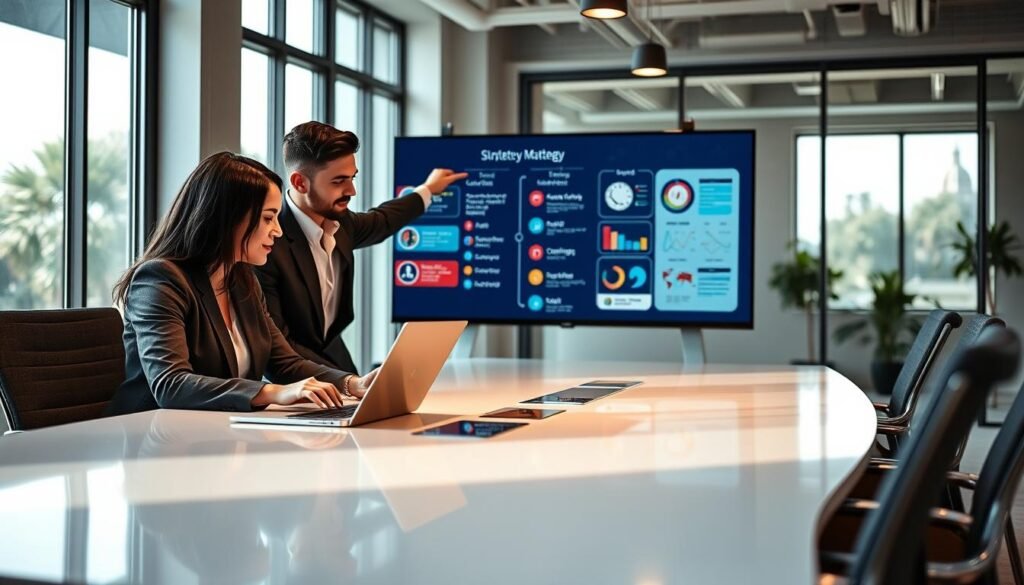 A vibrant and engaging digital marketing strategy scene, featuring a diverse group of three professionals in stylish business attire gathered around a sleek, modern conference table. The foreground shows a female marketer analyzing colorful graphs and analytics on a laptop, while a male colleague points to a large digital screen displaying a strategy roadmap. In the middle background, a flip chart lists key digital marketing tactics, featuring visuals of social media icons and SEO elements. The setting is a bright, airy office with large windows allowing natural light to flood in, creating an optimistic and collaborative atmosphere. The mood is focused yet creative, emphasizing teamwork and innovative thinking in digital marketing strategies. A vibrant and engaging digital marketing strategy scene, featuring a diverse group of three professionals in stylish business attire gathered around a sleek, modern conference table. The foreground shows a female marketer analyzing colorful graphs and analytics on a laptop, while a male colleague points to a large digital screen displaying a strategy roadmap. In the middle background, a flip chart lists key digital marketing tactics, featuring visuals of social media icons and SEO elements. The setting is a bright, airy office with large windows allowing natural light to flood in, creating an optimistic and collaborative atmosphere. The mood is focused yet creative, emphasizing teamwork and innovative thinking in digital marketing strategies.