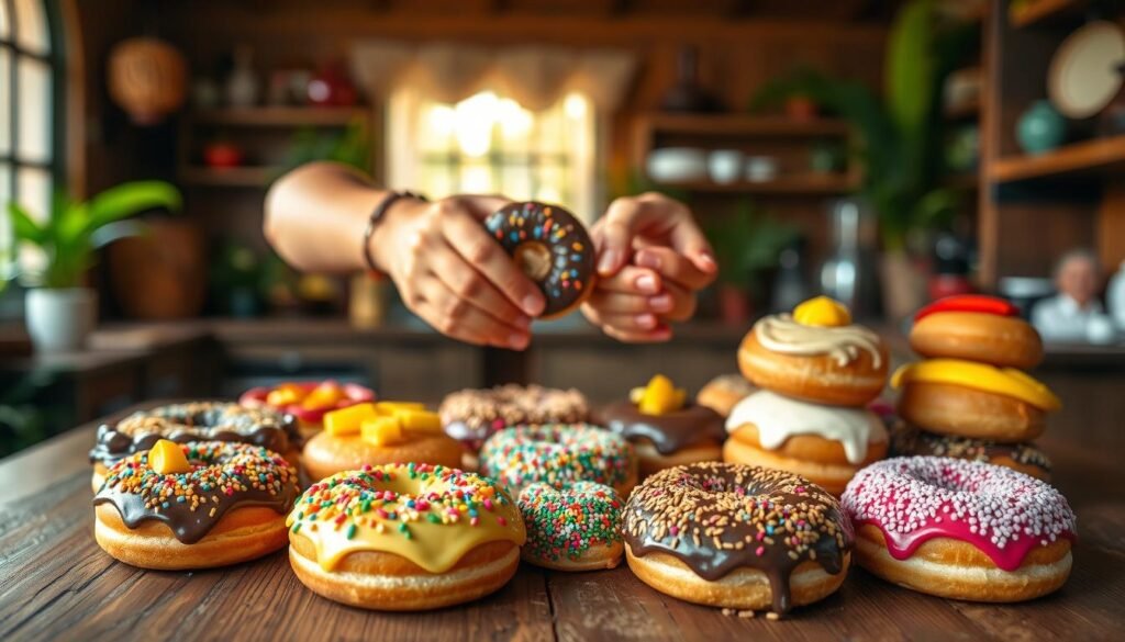 A vibrant and enticing display of various Indonesian viral donuts, beautifully arranged on a rustic wooden table. In the foreground, focus on a colorful array of donuts topped with an array of sprinkles, melted chocolate, and fresh fruits like rambutan and mango. The middle ground showcases a couple of hands delicately reaching for a donut, emphasizing the sharing aspect of these treats. In the background, a softly blurred tropical kitchen setting is illuminated by warm, natural sunlight streaming through a window, creating a cozy and inviting atmosphere. The mood is lively and joyful, capturing a sense of community and celebration centered around these delicious snacks. Use a shallow depth of field to highlight the donuts while creating a soft bokeh effect in the background. A vibrant and enticing display of various Indonesian viral donuts, beautifully arranged on a rustic wooden table. In the foreground, focus on a colorful array of donuts topped with an array of sprinkles, melted chocolate, and fresh fruits like rambutan and mango. The middle ground showcases a couple of hands delicately reaching for a donut, emphasizing the sharing aspect of these treats. In the background, a softly blurred tropical kitchen setting is illuminated by warm, natural sunlight streaming through a window, creating a cozy and inviting atmosphere. The mood is lively and joyful, capturing a sense of community and celebration centered around these delicious snacks. Use a shallow depth of field to highlight the donuts while creating a soft bokeh effect in the background.