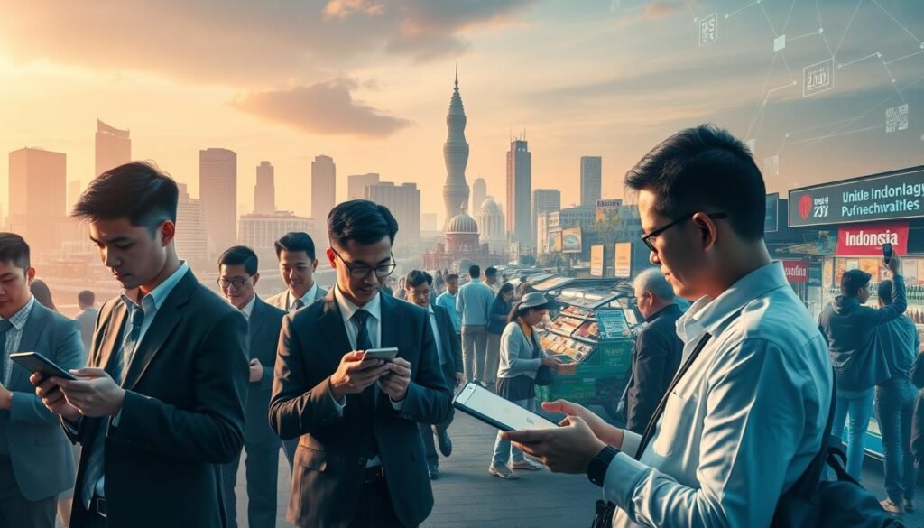 A vibrant digital landscape of Indonesia’s payment technology ecosystem, featuring a diverse group of professionals in smart business attire engaging with digital devices such as smartphones, tablets, and laptops in the foreground. In the middle ground, depict bustling shops and street vendors utilizing modern payment systems, showcasing QR codes and contactless transactions. The background should include iconic Indonesian landmarks, such as the Jakarta skyline, blended with elements symbolizing technological innovation, like data streams and digital interfaces. Soft, warm lighting enhances the atmosphere, evoking a sense of progress and connectivity. Capture the scene from a slightly elevated angle, providing a panoramic view that emphasizes the integration of technology into everyday life in Indonesia. The overall mood is dynamic, forward-looking, and inspiring. A vibrant digital landscape of Indonesia’s payment technology ecosystem, featuring a diverse group of professionals in smart business attire engaging with digital devices such as smartphones, tablets, and laptops in the foreground. In the middle ground, depict bustling shops and street vendors utilizing modern payment systems, showcasing QR codes and contactless transactions. The background should include iconic Indonesian landmarks, such as the Jakarta skyline, blended with elements symbolizing technological innovation, like data streams and digital interfaces. Soft, warm lighting enhances the atmosphere, evoking a sense of progress and connectivity. Capture the scene from a slightly elevated angle, providing a panoramic view that emphasizes the integration of technology into everyday life in Indonesia. The overall mood is dynamic, forward-looking, and inspiring.