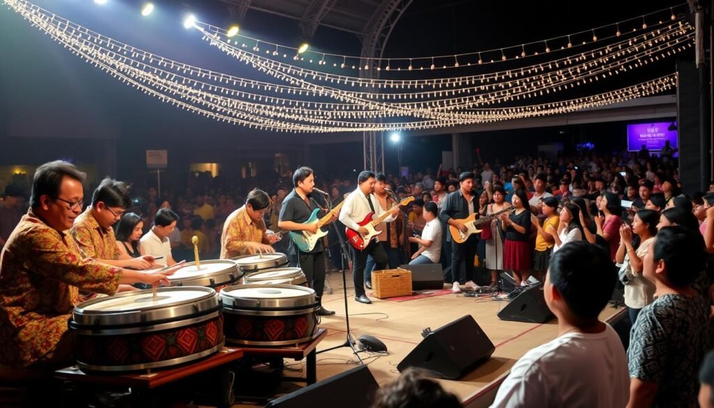 A vibrant during the "Festival Musik Indonesia," featuring a diverse group of musicians performing on a lively stage. In the foreground, a traditional gamelan ensemble with musicians wearing colorful Batik attire, passionately playing instruments like gongs and metallophones. In the middle, a contemporary band with electric guitars and a vocalist engaging the audience, showcasing the blend of traditional and modern music styles. The background is filled with a festive crowd, enjoying the performance under strings of glowing fairy lights, creating a warm, inviting atmosphere. The scene is illuminated with soft, dynamic lighting that captures the excitement and cultural richness of the festival. Shot from a slightly low angle to emphasize the musicians and the enthusiastic audience, evoking a sense of unity and celebration. A vibrant during the "Festival Musik Indonesia," featuring a diverse group of musicians performing on a lively stage. In the foreground, a traditional gamelan ensemble with musicians wearing colorful Batik attire, passionately playing instruments like gongs and metallophones. In the middle, a contemporary band with electric guitars and a vocalist engaging the audience, showcasing the blend of traditional and modern music styles. The background is filled with a festive crowd, enjoying the performance under strings of glowing fairy lights, creating a warm, inviting atmosphere. The scene is illuminated with soft, dynamic lighting that captures the excitement and cultural richness of the festival. Shot from a slightly low angle to emphasize the musicians and the enthusiastic audience, evoking a sense of unity and celebration.