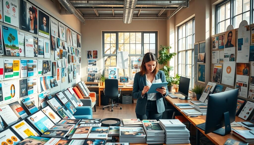 A vibrant graphic designer's studio filled with various customizable design options displayed on walls and desks. In the foreground, an assortment of design samples, including brochures, business cards, and posters, are neatly arranged. The middle ground showcases a professional graphic designer, a woman in smart casual attire, deeply focused as she sketches ideas on a tablet. The background reveals large windows letting in warm natural light, casting soft shadows and enhancing the creative atmosphere. A modern color palette of blues, greens, and yellows fills the space, evoking inspiration and creativity. The overall mood is inviting and energetic, highlighting the endless possibilities of tailored graphic design services.