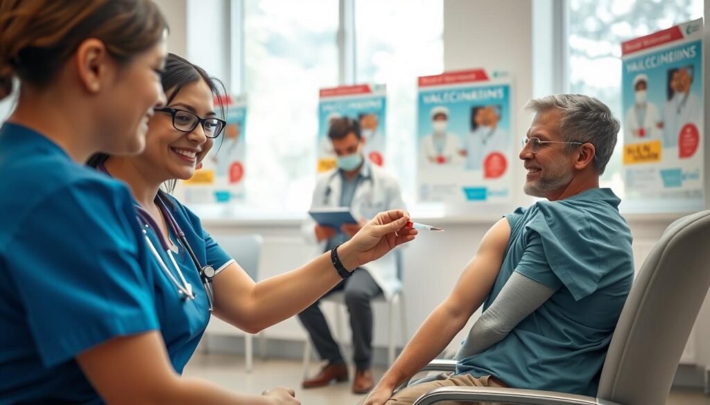 A vibrant health clinic scene depicting a vaccination and health examination process. In the foreground, a professional-looking nurse in scrubs administers a vaccine to a patient seated in a comfortable chair; both wear smiles conveying trust and reassurance. In the middle ground, a doctor reviews health records on a digital tablet while another patient awaits their examination, surrounded by health posters promoting vaccinations. The background features bright, natural lighting from large windows, contributing to a welcoming atmosphere. Use a shallow depth of field to create focus on the nurse and patient while softly blurring the clinic's interior. The overall mood is positive and encouraging, emphasizing the importance of health care and disease prevention in a modern medical setting. A vibrant health clinic scene depicting a vaccination and health examination process. In the foreground, a professional-looking nurse in scrubs administers a vaccine to a patient seated in a comfortable chair; both wear smiles conveying trust and reassurance. In the middle ground, a doctor reviews health records on a digital tablet while another patient awaits their examination, surrounded by health posters promoting vaccinations. The background features bright, natural lighting from large windows, contributing to a welcoming atmosphere. Use a shallow depth of field to create focus on the nurse and patient while softly blurring the clinic's interior. The overall mood is positive and encouraging, emphasizing the importance of health care and disease prevention in a modern medical setting.