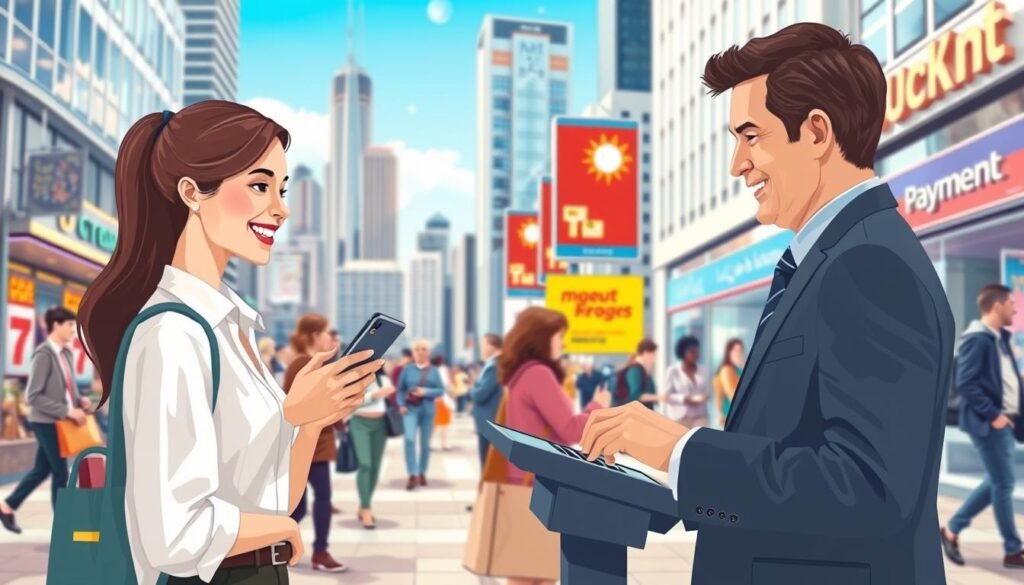 A vibrant illustration of digital payment benefits, showcasing a diverse group of consumers and business owners in a modern urban setting. In the foreground, a confident young woman in professional attire uses her smartphone to make a purchase, her face radiating satisfaction. Beside her, a middle-aged man in a neat business suit interacts with a digital payment terminal, exemplifying ease of use. In the middle ground, bustling city life features various people engaged in digital transactions, with decorative storefronts and billboards promoting innovative payment technologies. The background includes a clear blue sky with skyscrapers reflecting sunlight, creating a lively atmosphere. Soft, natural lighting enhances the cheerful mood, while a slight blur effect emphasizes the focus on the interactions. A vibrant illustration of digital payment benefits, showcasing a diverse group of consumers and business owners in a modern urban setting. In the foreground, a confident young woman in professional attire uses her smartphone to make a purchase, her face radiating satisfaction. Beside her, a middle-aged man in a neat business suit interacts with a digital payment terminal, exemplifying ease of use. In the middle ground, bustling city life features various people engaged in digital transactions, with decorative storefronts and billboards promoting innovative payment technologies. The background includes a clear blue sky with skyscrapers reflecting sunlight, creating a lively atmosphere. Soft, natural lighting enhances the cheerful mood, while a slight blur effect emphasizes the focus on the interactions.