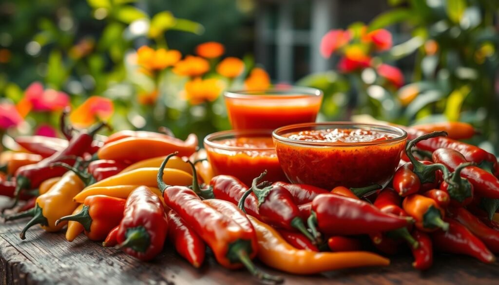 A vibrant showcase of the world's hottest peppers, featuring a bold assortment of fiery red, yellow, and orange chilies in the foreground, meticulously arranged on a rustic wooden table. In the middle ground, include a glass bowl filled with an enticing chili sauce, glistening under warm, natural lighting that highlights its rich texture. The background reveals a blurred garden setting, hinting at the peppers' natural habitat, with lush green foliage that contrasts the vivid colors in the foreground. The overall atmosphere conveys a sense of excitement and intensity, inviting viewers to experience the extreme spice levels these ingredients represent. Capture this scene using a macro lens for intricate details, emphasizing the textures and colors, with soft focus surrounding elements to draw attention to the peppers.
