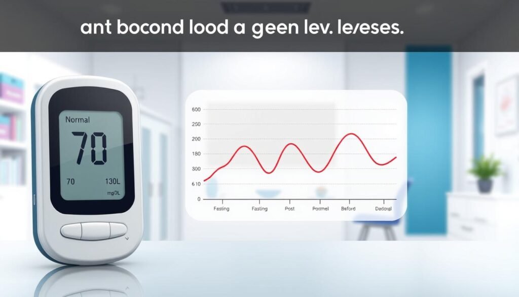 A visually informative medical illustration depicting normal blood sugar levels over time for adults. In the foreground, a sleek, modern blood glucose monitor displays numbers within the normal range, around 70 to 130 mg/dL. In the middle, a clear line graph shows fluctuations in blood sugar levels at different times of day, such as fasting, post-meal, and before bed. The background features a softly lit clinical environment, suggesting a doctor's office or health center, with neutral colors and clean surfaces. The atmosphere is calm and educational, designed to evoke trust and assurance in health management. Ensure no people are present in the image. Focus on clarity and professionalism, avoiding any distractions or clutter in the design.