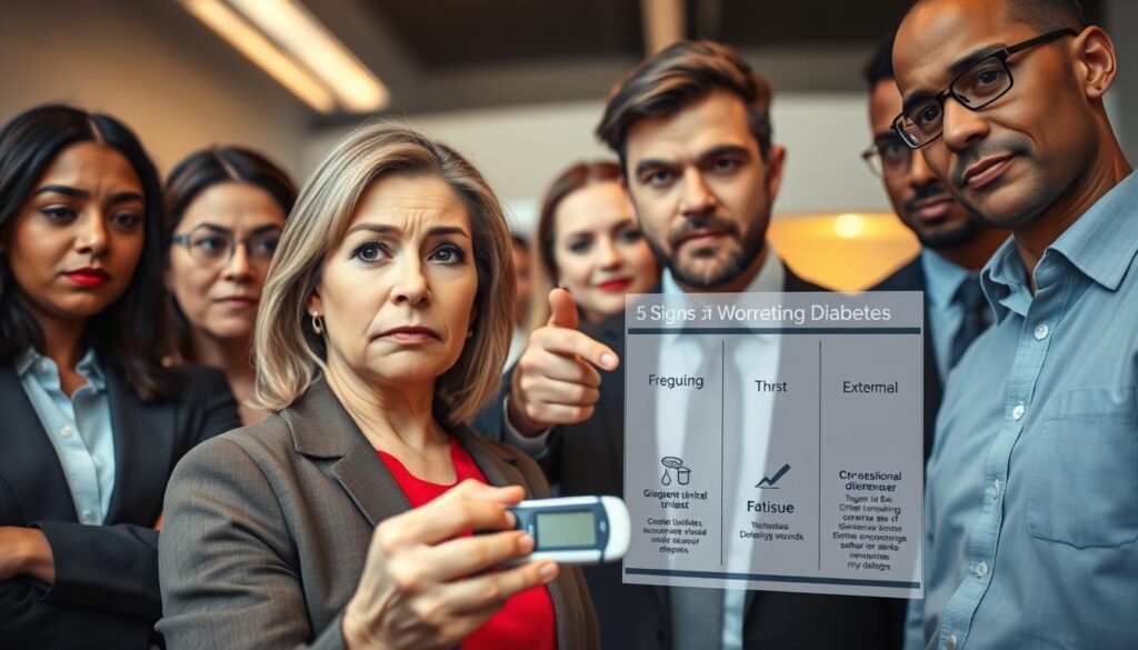 A close-up view of a diverse group of individuals, each in professional business attire, expressing concern and contemplation as they examine a visual representation of diabetes symptoms. In the foreground, a middle-aged woman looks worried while holding a glucose meter, with high glucose readings displayed on the screen. In the middle ground, a young man points towards a medical diagram showing the five signs of worsening diabetes, including blurred vision, frequent urination, excessive thirst, extreme fatigue, and slow healing wounds. In the background, a bright clinical setting with warm, soft lighting that conveys urgency but remains informative and professional. The overall mood should be serious yet hopeful, aiming to raise awareness about diabetes management. A close-up view of a diverse group of individuals, each in professional business attire, expressing concern and contemplation as they examine a visual representation of diabetes symptoms. In the foreground, a middle-aged woman looks worried while holding a glucose meter, with high glucose readings displayed on the screen. In the middle ground, a young man points towards a medical diagram showing the five signs of worsening diabetes, including blurred vision, frequent urination, excessive thirst, extreme fatigue, and slow healing wounds. In the background, a bright clinical setting with warm, soft lighting that conveys urgency but remains informative and professional. The overall mood should be serious yet hopeful, aiming to raise awareness about diabetes management.