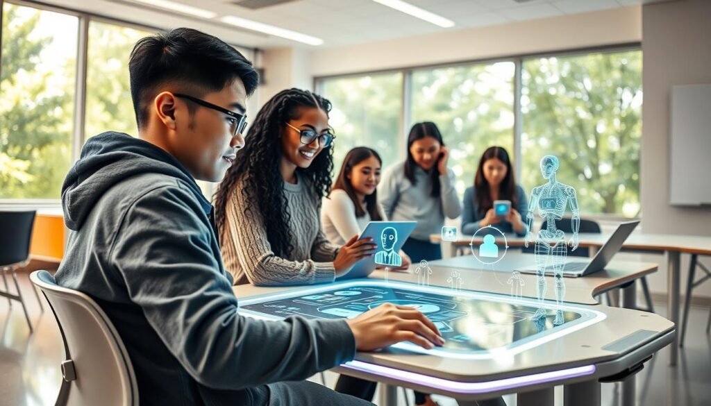A modern learning environment featuring a diverse group of students engaged in personalized education through artificial intelligence. In the foreground, a male student of Asian descent sits at a futuristic desk, using a holographic interface displaying interactive educational content. Beside him, a female student of Black descent collaborates with an AI chatbot on a tablet. In the middle ground, a teacher of Hispanic descent assists another group, showcasing a seamless blend of technology and education. The background reveals a sleek classroom with large windows allowing natural light to illuminate the space, showing green trees outside. The atmosphere is one of curiosity and innovation, captured in a bright and inspiring color palette. The angle is slightly elevated, creating depth in the scene while maintaining a professional and academic tone.