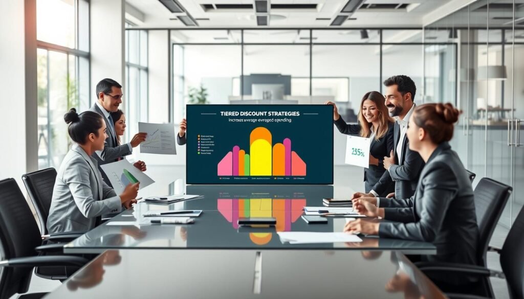 A professional setting depicting a creative team brainstorming around a sleek conference table. In the foreground, diverse team members, dressed in smart business attire, discuss strategies enthusiastically, showcasing various charts and graphs that illustrate tiered discount strategies. In the middle ground, an interactive digital screen displays a vibrant infographic highlighting how to increase average spending through strategic discounts. The background features a modern office environment with large windows allowing natural light to flood the room, creating an energetic and optimistic atmosphere. The mood is collaborative and innovative, with a focus on strategic growth. Use soft lighting to enhance the inviting ambience, shot from a slightly elevated angle for a comprehensive view of the teamwork in action. A professional setting depicting a creative team brainstorming around a sleek conference table. In the foreground, diverse team members, dressed in smart business attire, discuss strategies enthusiastically, showcasing various charts and graphs that illustrate tiered discount strategies. In the middle ground, an interactive digital screen displays a vibrant infographic highlighting how to increase average spending through strategic discounts. The background features a modern office environment with large windows allowing natural light to flood the room, creating an energetic and optimistic atmosphere. The mood is collaborative and innovative, with a focus on strategic growth. Use soft lighting to enhance the inviting ambience, shot from a slightly elevated angle for a comprehensive view of the teamwork in action.