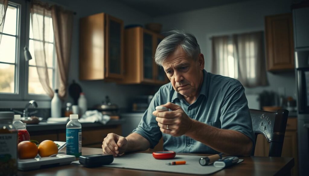 A somber yet enlightening scene depicting the unexpected impact of diabetes on daily life. In the foreground, a middle-aged person dressed in modest casual clothing sits at a kitchen table, visibly distressed as they examine a blood sugar monitor. Their expression reflects concern and weariness. The middle ground features a cluttered countertop with diabetes management supplies, fruits, and medications. In the background, a cozy yet dimly lit home environment accentuates the mood, with soft natural light filtering through a window, creating a sense of isolation. The overall color palette is muted, emphasizing the seriousness of the subject while evoking empathy. The camera angle is slightly above eye level, capturing both the subject’s emotional state and the everyday context of living with diabetes. A somber yet enlightening scene depicting the unexpected impact of diabetes on daily life. In the foreground, a middle-aged person dressed in modest casual clothing sits at a kitchen table, visibly distressed as they examine a blood sugar monitor. Their expression reflects concern and weariness. The middle ground features a cluttered countertop with diabetes management supplies, fruits, and medications. In the background, a cozy yet dimly lit home environment accentuates the mood, with soft natural light filtering through a window, creating a sense of isolation. The overall color palette is muted, emphasizing the seriousness of the subject while evoking empathy. The camera angle is slightly above eye level, capturing both the subject’s emotional state and the everyday context of living with diabetes.